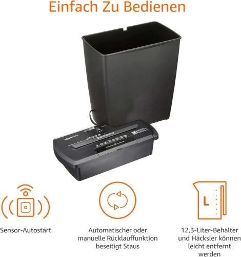 Amazon Basics PBH-55473 Csíkvágó Iratmegsemmisítő, 7-8 Lap, 12 Literes Kapacitás, CD/DVD Megsemmisítés, Fekete