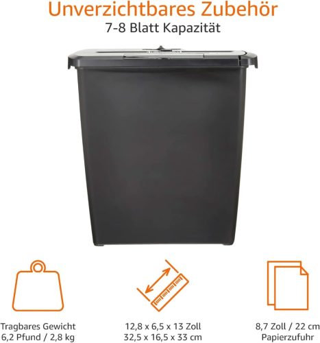 Amazon Basics PBH-55473 Csíkvágó Iratmegsemmisítő, 7-8 Lap, 12 Literes Kapacitás, CD/DVD Megsemmisítés, Fekete