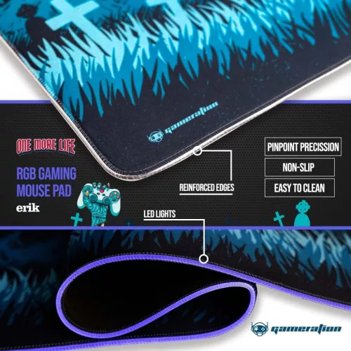 Grupo Erik One More Life RGB Egérpad, XXL Méret, 90x40 cm, LED, 14 Fény Mód, Vízálló Felület, Csúszásgátló Gumi Alap, USB Kábel