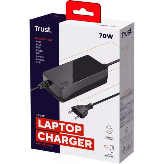 Trust Gaming 22141 Univerzális Laptop Töltő, 70 W, 18–20 V, 3,68 A, 100–240 V, Smart Protection, Cserélhető Csatlakozók, Utazáshoz, Energiatakarékos, Fekete