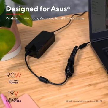   Trust Maxo 23390 Laptop Töltő Asus Notebookhoz, 90W, 100–240V AC, 18–20V Kimenet, 6 Csatlakozó, USB, Gyors Töltés, Fekete