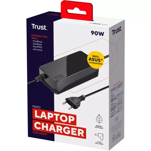Trust Maxo 23390 Laptop Töltő Asus Notebookhoz, 90W, 100–240V AC, 18–20V Kimenet, 6 Csatlakozó, USB, Gyors Töltés, Fekete