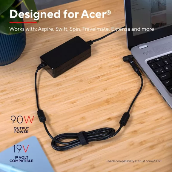 Trust Maxo Acer Laptop Töltő, 90W, 18-20V Kimenet, 100-240V AC Bemenet, 30-Pin Csatlakozó, Gyors Töltés, Energiatakarékos Kivitel, Fekete