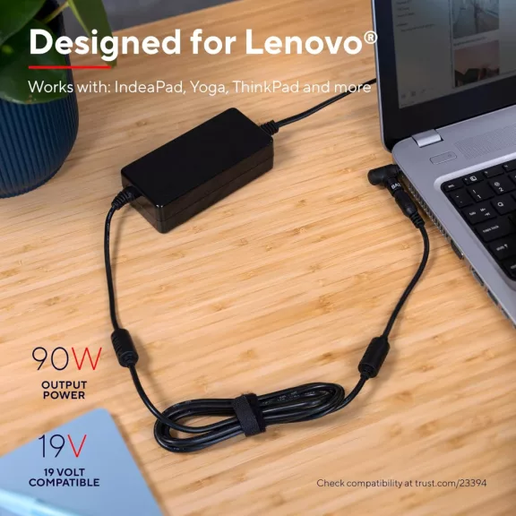 Trust Maxo 23394 Hálózati Töltő Lenovo Laptophoz, 90W, 100–240V AC, 2 Tűs Vagy 6 Tűs Csatlakozó, Gyors Töltés, Túlfeszültség Védelem, Fekete