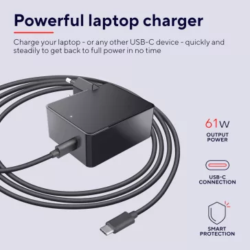  Trust Maxo 23418 USB-C Hálózati Töltő, 61 W, 100-240 V AC, 1 USB Port, 2 m Kábel, Laptop, Tablet, Telefon Kompatibilitás, Fekete