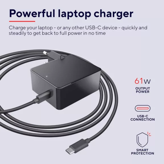 Trust Maxo 23418 USB-C Hálózati Töltő, 61 W, 100-240 V AC, 1 USB Port, 2 m Kábel, Laptop, Tablet, Telefon Kompatibilitás, Fekete