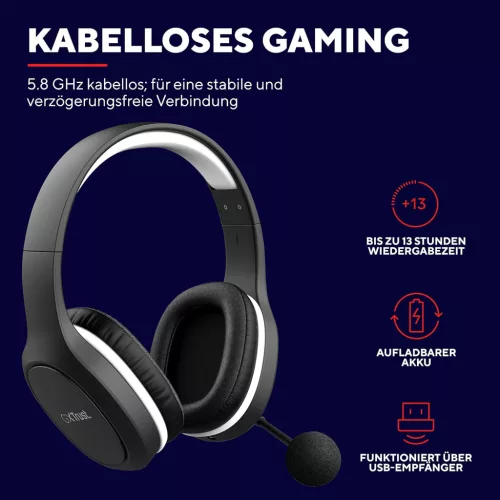 Trust Gaming GXT 391 Thian Vezeték Nélküli Gamer Fejhallgató, 5.8 Ghz, USB Dongle, Over Ear, 13 Óra Játékidő, 40 Mm Hangszóró, 3.5 mm Jack, Fekete