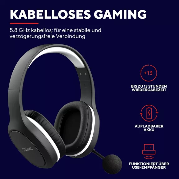 Trust Gaming GXT 391 Thian Vezeték Nélküli Gamer Fejhallgató, 5.8 Ghz, USB Dongle, Over Ear, 13 Óra Játékidő, 40 Mm Hangszóró, 3.5 mm Jack, Fekete Trust Gaming GXT 391 Thian Vezeték Nélküli Gamer Fejhallgató, 5.8 Ghz, USB Dongle, Over Ear, 13 Óra Játékidő, 40 Mm Hangszóró, 3.5 mm Jack, Fekete
