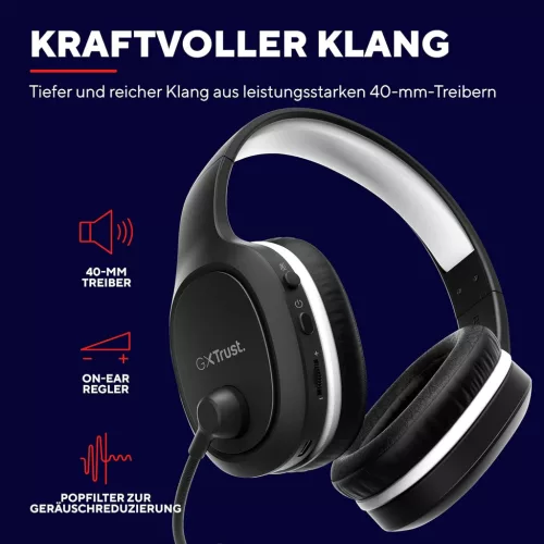 Trust Gaming GXT 391 Thian Vezeték Nélküli Gamer Fejhallgató, 5.8 Ghz, USB Dongle, Over Ear, 13 Óra Játékidő, 40 Mm Hangszóró, 3.5 mm Jack, Fekete