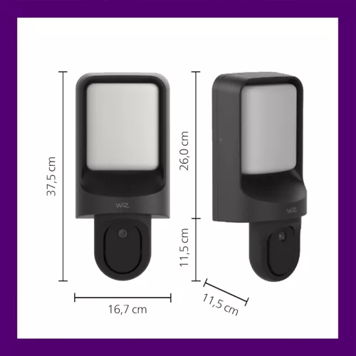 WiZ Kültéri Fali Lámpa Kamera, LED 10.5W, 1250 lm, 2700 K, RGBW, IP44, Mozgás És Hangérzékelés, Éjjellátás, WiFi 2.4GHz, Alexa, Google Home, Kétirányú Hang, Fekete