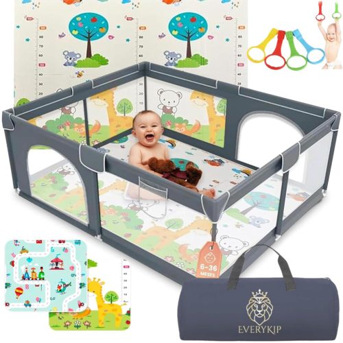 EveryKip 120 x 120 cm sötétszürke babajáróka légáteresztő hálóval és cipzáras ajtóval
