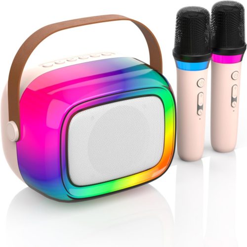 GUYUCOM Mini Karaoke Gép 2 Vezeték Nélküli Mikrofonnal és Színes Fényekkel