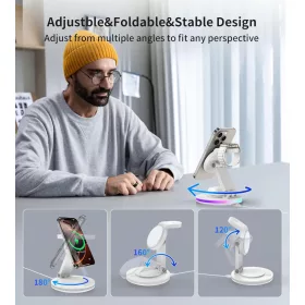   RoRoSkin X548 MagSafe Vezeték Nélküli Töltőállomás, 3 Az 1-Ben, Összecsukható, 15 W, USB Type C, iPhone 16 15 14 13 12, Apple Watch, AirPods, Állítható Fény, Fehér