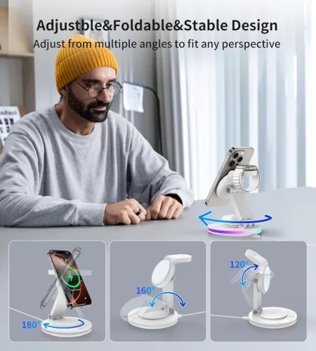 RoRoSkin X548 MagSafe Vezeték Nélküli Töltőállomás, 3 Az 1-Ben, Összecsukható, 15 W, USB Type C, iPhone 16 15 14 13 12, Apple Watch, AirPods, Állítható Fény, Fehér