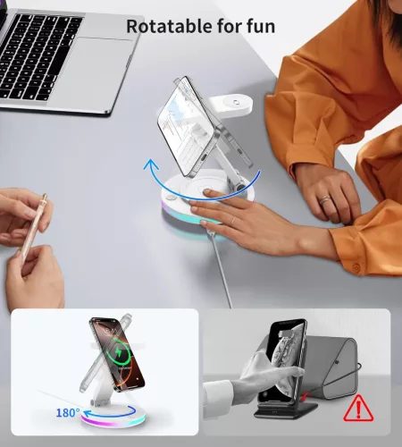 RoRoSkin X548 MagSafe Vezeték Nélküli Töltőállomás, 3 Az 1-Ben, Összecsukható, 15 W, USB Type C, iPhone 16 15 14 13 12, Apple Watch, AirPods, Állítható Fény, Fehér