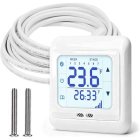   Bordeag Digitális Hőmérséklet Szabályzó Termosztát, Programozható Falra Szerelhető, Fehér, AC85-230V, 16A, 0-100°C Hőmérséklet Tartomány, 3m padlófűtés érzékelővel