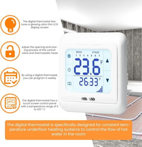 Bordeag Digitális Hőmérséklet Szabályzó Termosztát, Programozható Falra Szerelhető, Fehér, AC85-230V, 16A, 0-100°C Hőmérséklet Tartomány, 3m padlófűtés érzékelővel