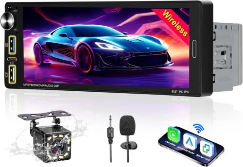 ALLTOBIT 1 DIN Bluetooth Autórádió CarPlay és Android Auto támogatással, 6.9 hüvelykes érintőkijelzővel
