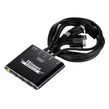   TESmart VKS0201C10-BK KVM Switch, 2 Port, USB, VGA, 1080P, Hotkey Váltás, Előlapi Gomb, USB 2.0 Megosztás, IP54, Alumínium, Fekete