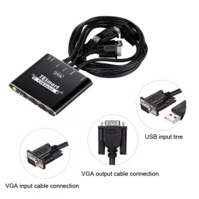   TESmart VKS0201C10-BK KVM Switch, 2 Port, USB, VGA, 1080P, Hotkey Váltás, Előlapi Gomb, USB 2.0 Megosztás, IP54, Alumínium, Fekete