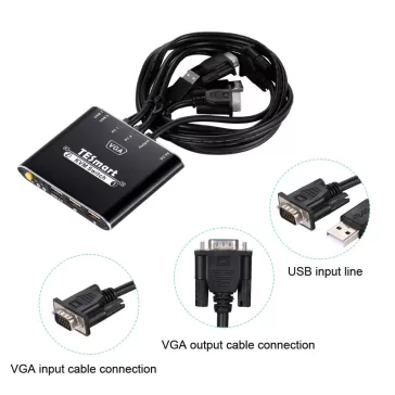   TESmart VKS0201C10-BK KVM Switch, 2 Port, USB, VGA, 1080P, Hotkey Váltás, Előlapi Gomb, USB 2.0 Megosztás, IP54, Alumínium, Fekete