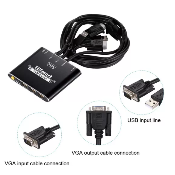 TESmart VKS0201C10-BK KVM Switch, 2 Port, USB, VGA, 1080P, Hotkey Váltás, Előlapi Gomb, USB 2.0 Megosztás, IP54, Alumínium, Fekete