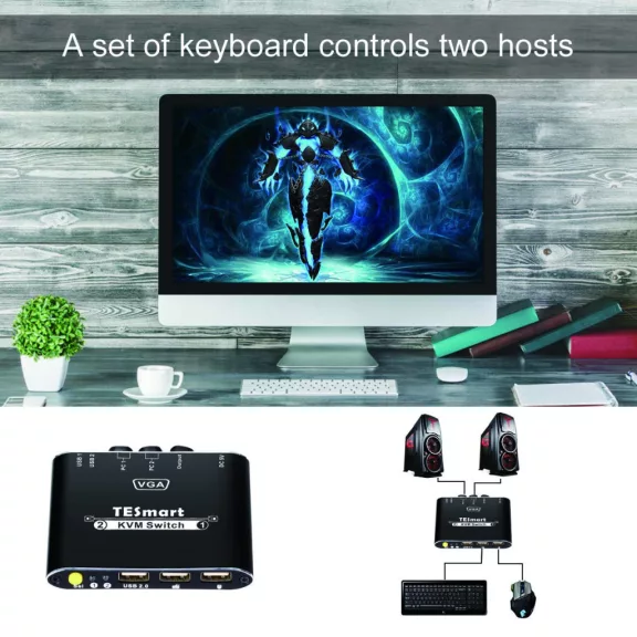 TESmart VKS0201C10-BK KVM Switch, 2 Port, USB, VGA, 1080P, Hotkey Váltás, Előlapi Gomb, USB 2.0 Megosztás, IP54, Alumínium, Fekete