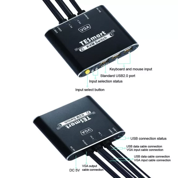 TESmart VKS0201C10-BK KVM Switch, 2 Port, USB, VGA, 1080P, Hotkey Váltás, Előlapi Gomb, USB 2.0 Megosztás, IP54, Alumínium, Fekete