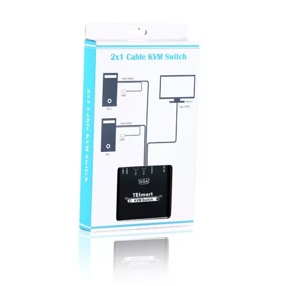 TESmart VKS0201C10-BK KVM Switch, 2 Port, USB, VGA, 1080P, Hotkey Váltás, Előlapi Gomb, USB 2.0 Megosztás, IP54, Alumínium, Fekete