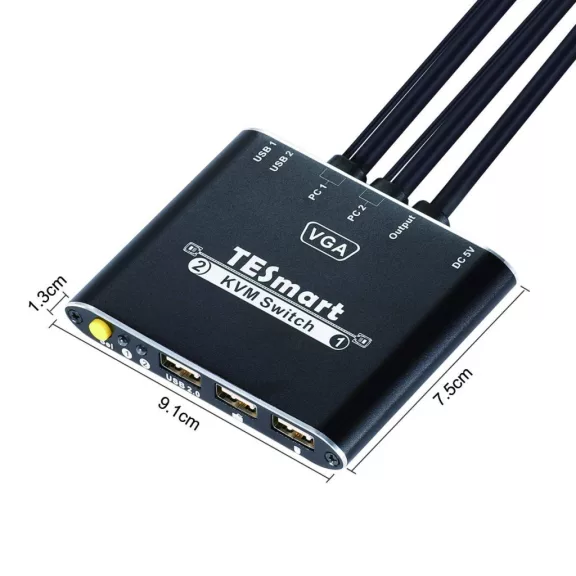 TESmart VKS0201C10-BK KVM Switch, 2 Port, USB, VGA, 1080P, Hotkey Váltás, Előlapi Gomb, USB 2.0 Megosztás, IP54, Alumínium, Fekete