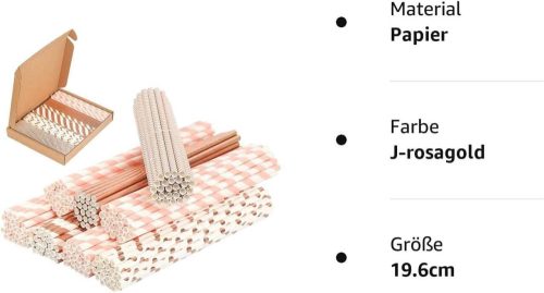 PATAZOK Rózsaszín Arany Papír Szívószálak, 200 Darabos Csomag