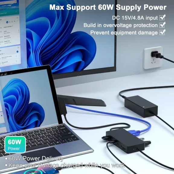Yeemie Pro Microsoft Surface Pro 11 Az 1-Ben Dokkoló, HDMI 4K 60Hz, VGA, RJ45 Ethernet, USB 3.0, USB-C PD 60W, SD/TF Kártyaolvasó, 5 Gbit/s Adatátvitel - Válogatott Használt