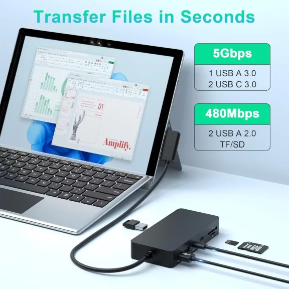 Yeemie Pro Microsoft Surface Pro 11 Az 1-Ben Dokkoló, HDMI 4K 60Hz, VGA, RJ45 Ethernet, USB 3.0, USB-C PD 60W, SD/TF Kártyaolvasó, 5 Gbit/s Adatátvitel - Válogatott Használt