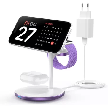   DEESOOCO T585-F-CCDP Vezeték Nélküli Töltő, 3 az 1-ben, 15 W, Gyors Töltés, Mágneses, iPhone 16 15 14, iWatch Ultra Series 9, AirPods, USB-C, Lila