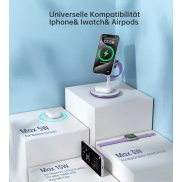   DEESOOCO T585-F-CCDP Vezeték Nélküli Töltő, 3 az 1-ben, 15 W, Gyors Töltés, Mágneses, iPhone 16 15 14, iWatch Ultra Series 9, AirPods, USB-C, Lila
