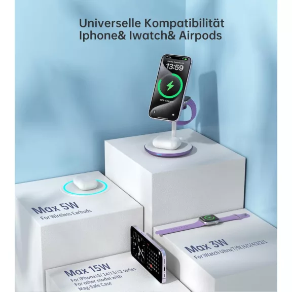 DEESOOCO T585-F-CCDP Vezeték Nélküli Töltő, 3 az 1-ben, 15 W, Gyors Töltés, Mágneses, iPhone 16 15 14, iWatch Ultra Series 9, AirPods, USB-C, Lila DEESOOCO T585-F-CCDP Vezeték Nélküli Töltő, 3 az 1-ben, 15 W, Gyors Töltés, Mágneses, iPhone 16 15 14, iWatch Ultra Series 9, AirPods, USB-C, Lila