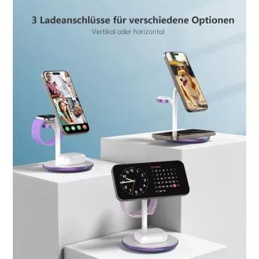   DEESOOCO T585-F-CCDP Vezeték Nélküli Töltő, 3 az 1-ben, 15 W, Gyors Töltés, Mágneses, iPhone 16 15 14, iWatch Ultra Series 9, AirPods, USB-C, Lila