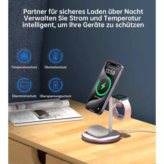 DEESOOCO T585-F-CCDP Vezeték Nélküli Töltő, 3 az 1-ben, 15 W, Gyors Töltés, Mágneses, iPhone 16 15 14, iWatch Ultra Series 9, AirPods, USB-C, Lila DEESOOCO T585-F-CCDP Vezeték Nélküli Töltő, 3 az 1-ben, 15 W, Gyors Töltés, Mágneses, iPhone 16 15 14, iWatch Ultra Series 9, AirPods, USB-C, Lila