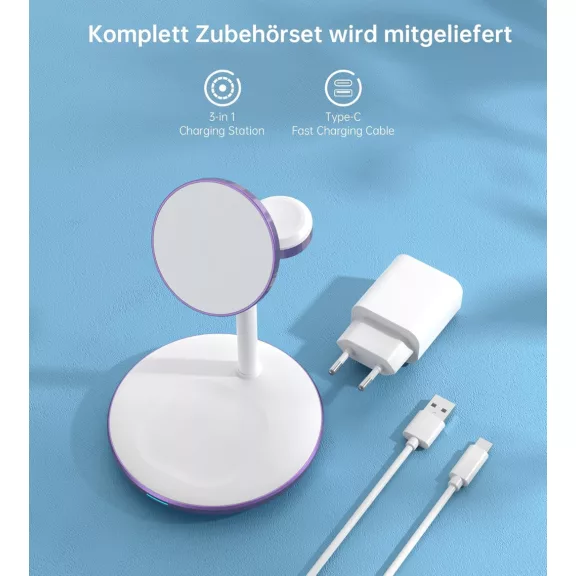DEESOOCO T585-F-CCDP Vezeték Nélküli Töltő, 3 az 1-ben, 15 W, Gyors Töltés, Mágneses, iPhone 16 15 14, iWatch Ultra Series 9, AirPods, USB-C, Lila DEESOOCO T585-F-CCDP Vezeték Nélküli Töltő, 3 az 1-ben, 15 W, Gyors Töltés, Mágneses, iPhone 16 15 14, iWatch Ultra Series 9, AirPods, USB-C, Lila