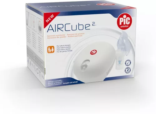 Pic Solution AirCube2 Silent Piston Aerosol Terápiás Készülék, Gyors Porlasztás, Csendes Kompresszor, Felnőtt és Gyermek Maszk, Szájcsutora, Orrcsipesz, Légszűrő, Fehér