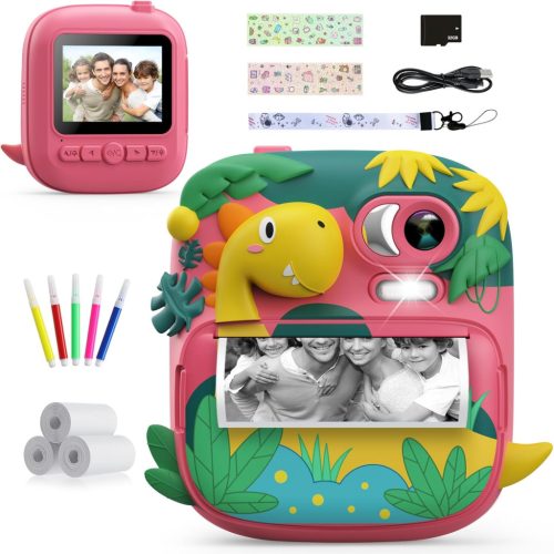 CAMCLID Dino Gyerek Kamera - 12 MP, 2,4" Kijelző, Azonnali Nyomtatás, 32 GB Kártyával