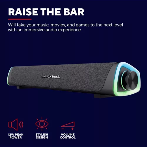 Trust Gaming GXT 620 Axon Soundbar, 12W Csúcsteljesítmény, 6W RMS, Surround Hangszóró, RGB Világítás, USB Tápellátás, 3,5mm AUX, Asztali, Fekete