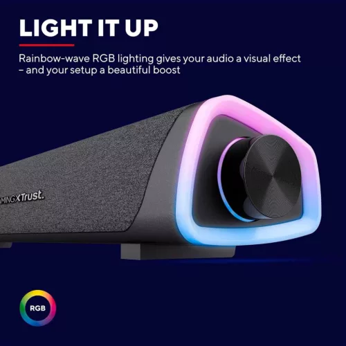 Trust Gaming GXT 620 Axon Soundbar, 12W Csúcsteljesítmény, 6W RMS, Surround Hangszóró, RGB Világítás, USB Tápellátás, 3,5mm AUX, Asztali, Fekete
