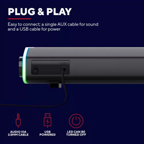 Trust Gaming GXT 620 Axon Soundbar, 12W Csúcsteljesítmény, 6W RMS, Surround Hangszóró, RGB Világítás, USB Tápellátás, 3,5mm AUX, Asztali, Fekete