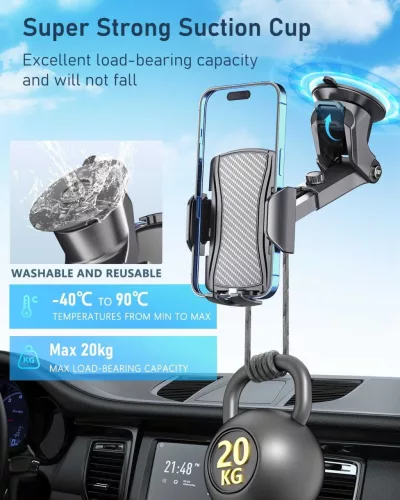 Hoppac Autós Telefon Tartó, Szélvédő És Műszerfal Tapadókorong, 360° Forgatható, 270° Állítható Kar, Egykezes Gombos Nyitás, 10–18 cm, Fekete