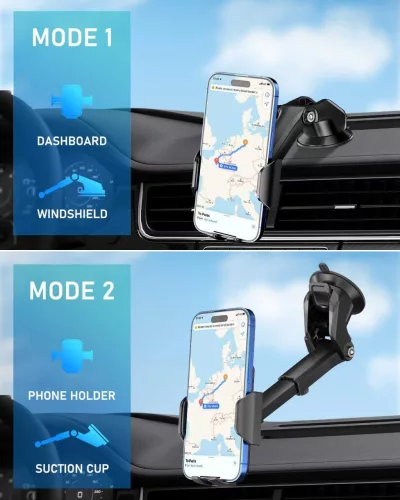 Hoppac Autós Telefon Tartó, Szélvédő És Műszerfal Tapadókorong, 360° Forgatható, 270° Állítható Kar, Egykezes Gombos Nyitás, 10–18 cm, Fekete