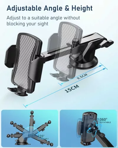 Hoppac Autós Telefon Tartó, Szélvédő És Műszerfal Tapadókorong, 360° Forgatható, 270° Állítható Kar, Egykezes Gombos Nyitás, 10–18 cm, Fekete