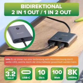   InLine USB-C Switch, Elosztó, 60603T, Kézi 2x1 1x2 Váltó, HDMI 8K 60Hz Kimenet, USB-C 4K 60Hz, USB 3.2 Gen2 10Gb/s Adat, 100W Töltés, Fekete