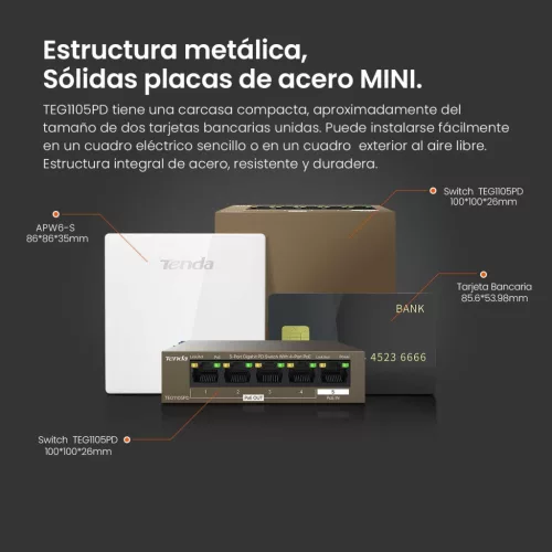 Tenda TEG1105PD PoE Switch, 5 Port Gigabit, 4x PoE PSE, 1x PoE PD, IEEE 802.3af, 22W PoE Költségkeret, Fém Ház, Asztali, Fali, Fekete