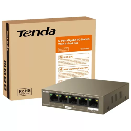 Tenda TEG1105PD PoE Switch, 5 Port Gigabit, 4x PoE PSE, 1x PoE PD, IEEE 802.3af, 22W PoE Költségkeret, Fém Ház, Asztali, Fali, Fekete